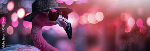 Flamingo in Sunglasses and Hat Against Colorful Background at Night