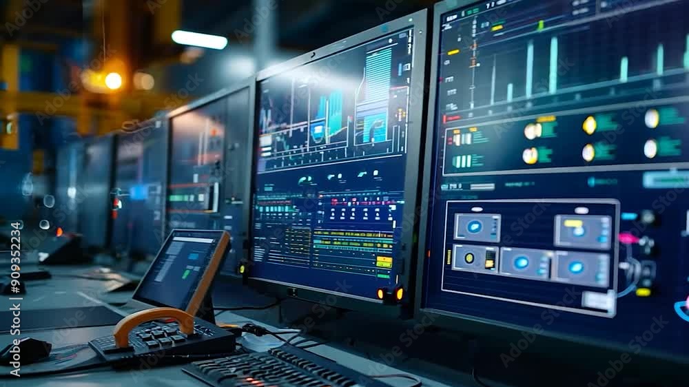 The control room features multiple screens showcasing real-time data analytics, with dim lighting emphasizing the high-tech environment The control room features multiple screens showcasing real-time data analytics, with dim lighting emphasizing the high-tech environment