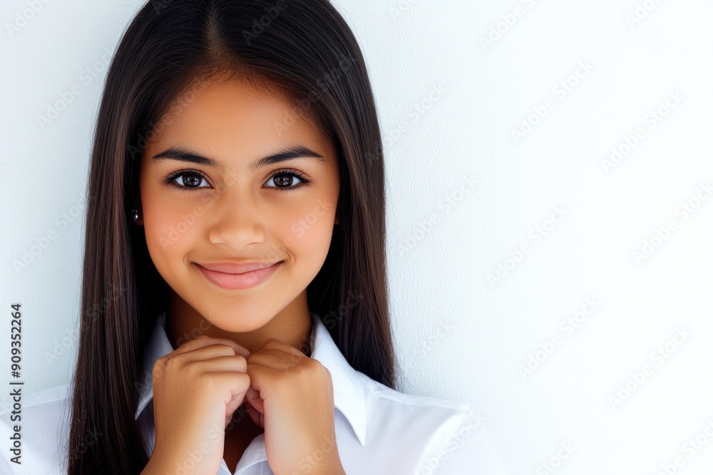 Smiling Young Girl with Long Hair Posing Against White Background Smiling Young Girl with Long Hair Posing Against White Background