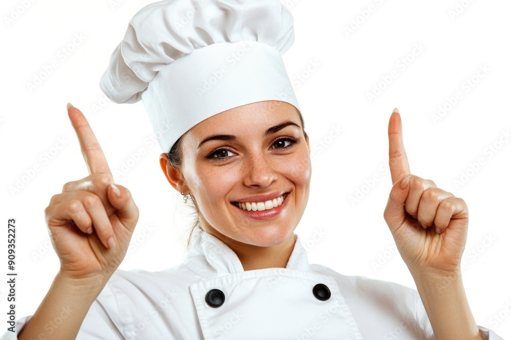 Smiling Female Chef in Professional Uniform Holding Up Two Fingers Against White Background Smiling Female Chef in Professional Uniform Holding Up Two Fingers Against White Background