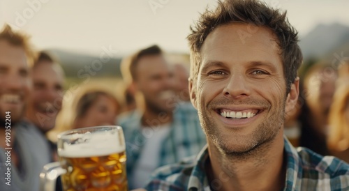 Man Holding Beer in Festival Crowd During Evening Celebration