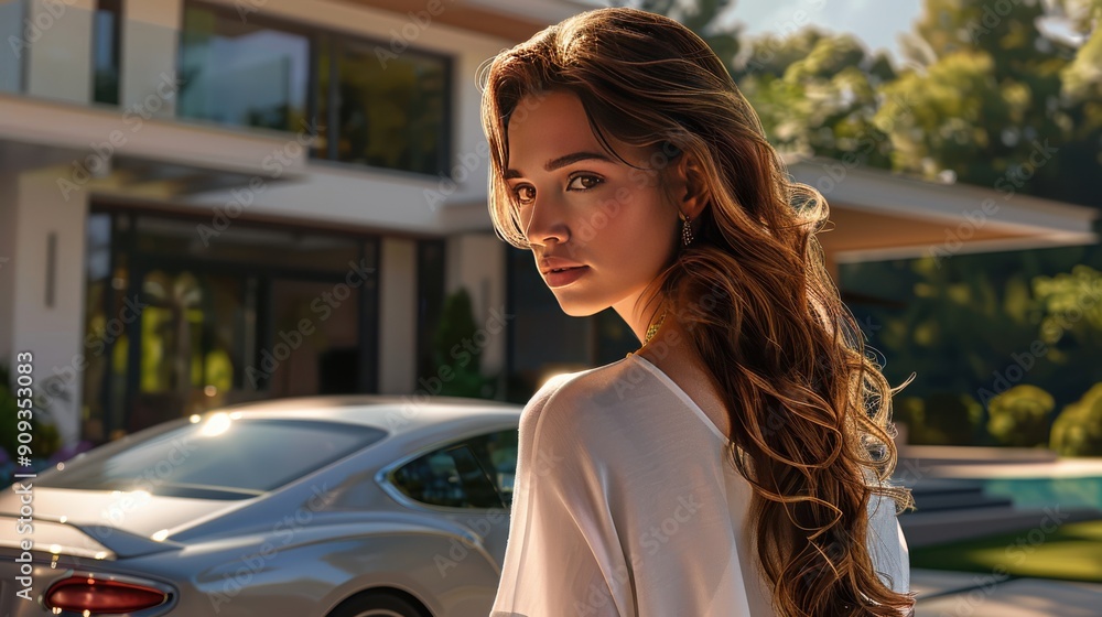 Stylish Young Woman With Long Hair Posing Near Luxury Car Outside Modern House Stylish Young Woman With Long Hair Posing Near Luxury Car Outside Modern House