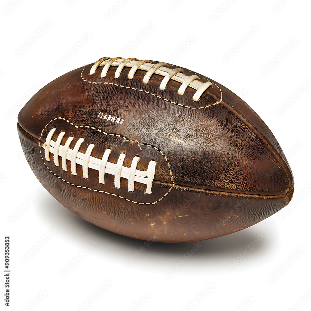 a brown American football with white laces and stitching. The football is positioned horizontally on a light background, with a slight shadow beneath it a brown American football with white laces and stitching. The football is positioned horizontally on a light background, with a slight shadow beneath it