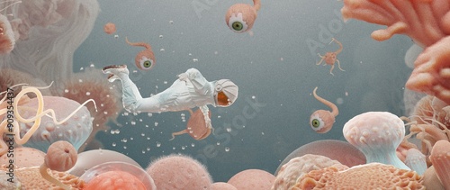 Fotografie Scaled-down scientists in spacesuits explore a surreal microcosm or another dimension, A living cell with a pulsating nucleus, a biological concept