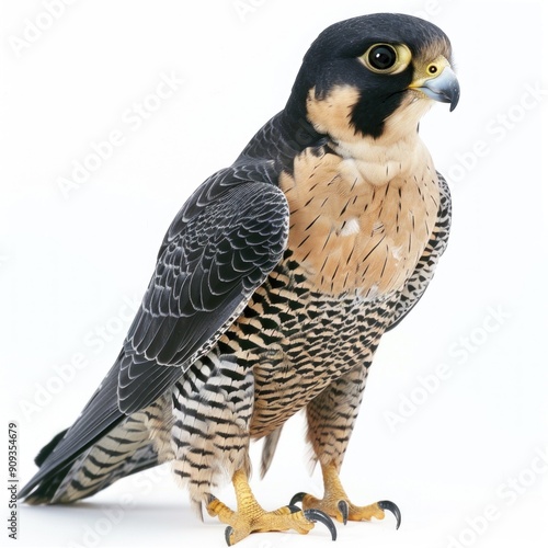 a vigilant peregrine isolated on a white background, with detailed plumage
