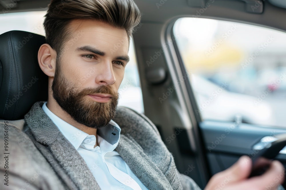 transport, business and communication concept - smiling male passenger or businessman using smartphone on back seat of taxi car. Beautiful simple AI generated image in 4K, unique. transport, business and communication concept - smiling male passenger or businessman using smartphone on back seat of taxi car. Beautiful simple AI generated image in 4K, unique.
