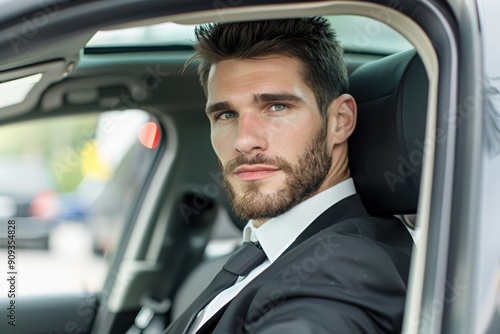 transport, business and people concept - businessman drinking takeaway coffee on back seat of taxi car. Beautiful simple AI generated image in 4K, unique.