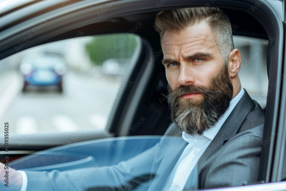 transport, business and communication concept - smiling male passenger or businessman using smartphone on back seat of taxi car. Beautiful simple AI generated image in 4K, unique.