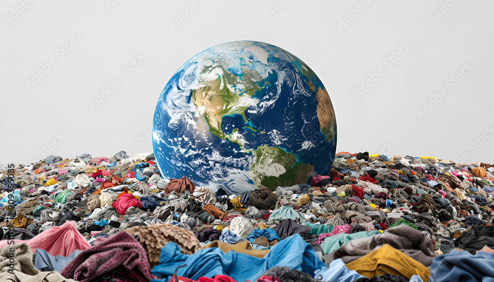 Earth littered with disposable clothes causing global textile pollution and waste accumulation Earth littered with disposable clothes causing global textile pollution and waste accumulation
