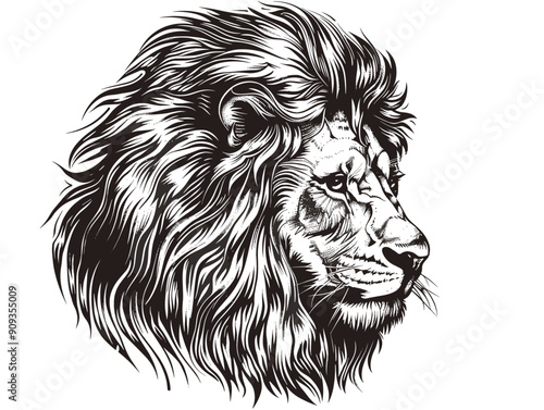 A lion with a long mane and a fierce look on its face. The lion is the main focus of the image, and its mane and expression convey a sense of strength and power. The lion is depicted in black