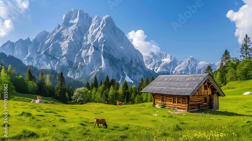 Wooden hut on meadow by mount dachstein with sulzenalm with cow in background photo