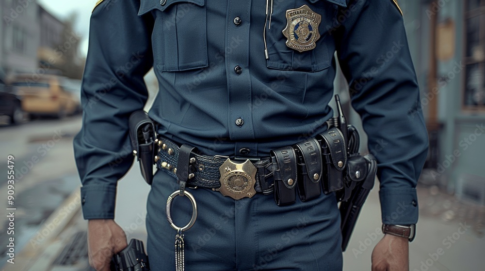 Police Officer in Uniform With Equipment on Duty in Urban Area During Daytime Police Officer in Uniform With Equipment on Duty in Urban Area During Daytime