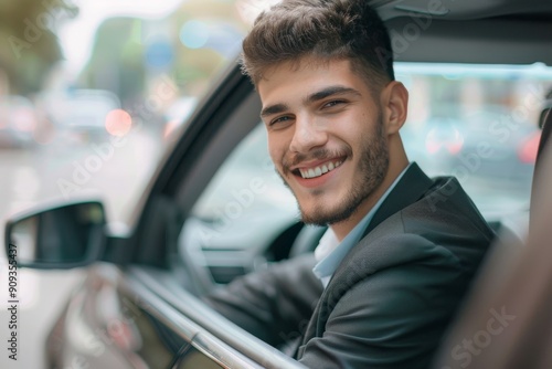 transport, business and people concept - businessman drinking takeaway coffee on back seat of taxi car. Beautiful simple AI generated image in 4K, unique.