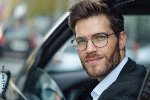 transport, business and people concept - businessman drinking takeaway coffee on back seat of taxi car. Beautiful simple AI generated image in 4K, unique.