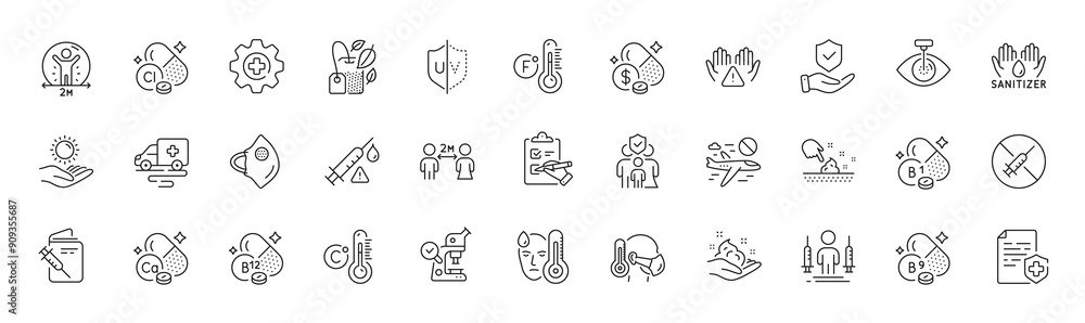 Fototapeta premium Calcium mineral, Sun protection and Medical mask line icons. Pack of Folate vitamin, Ambulance transport, Social distancing icon. Medical certificate, Cancel flight, Skin moisture pictogram. Vector