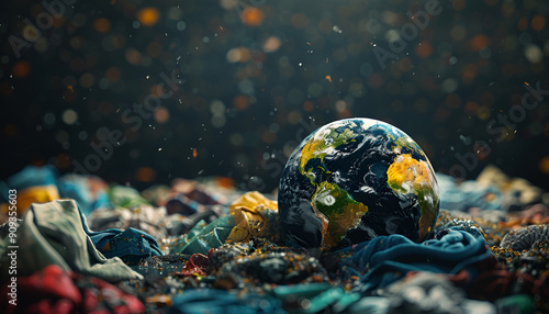 Earth littered with disposable clothes causing global textile pollution and waste accumulation photo