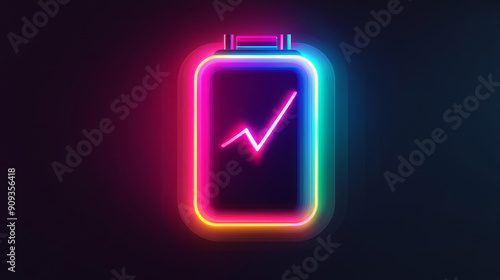 Neon battery icon set. Glowing neon accumulator sign, featuring an outline of an electric charge pictogram in vivid colors. Includes a phone battery with full charge and an electrical charging station