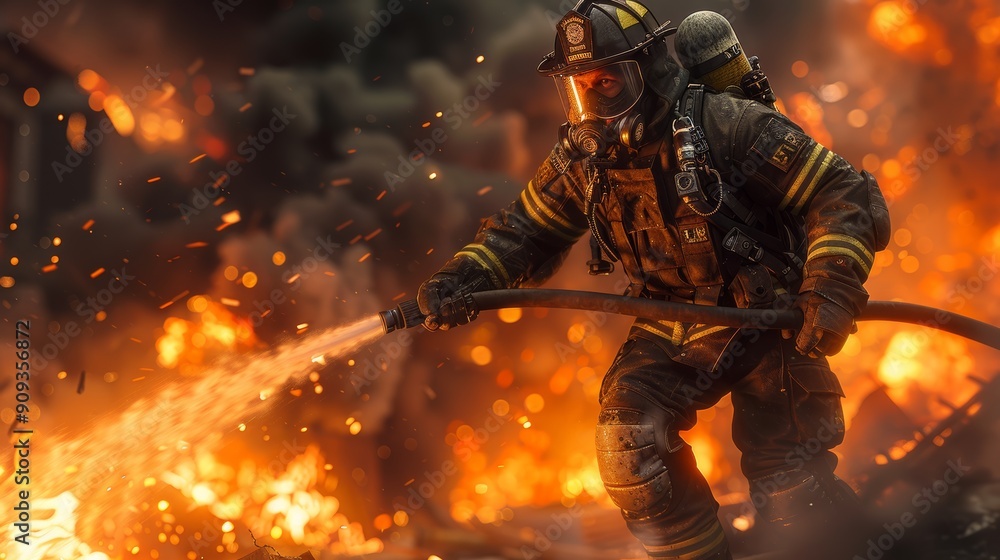 Fototapeta premium Firefighter Battling Intense Flames While Wearing Protective Gear at a Nighttime Fire Incident