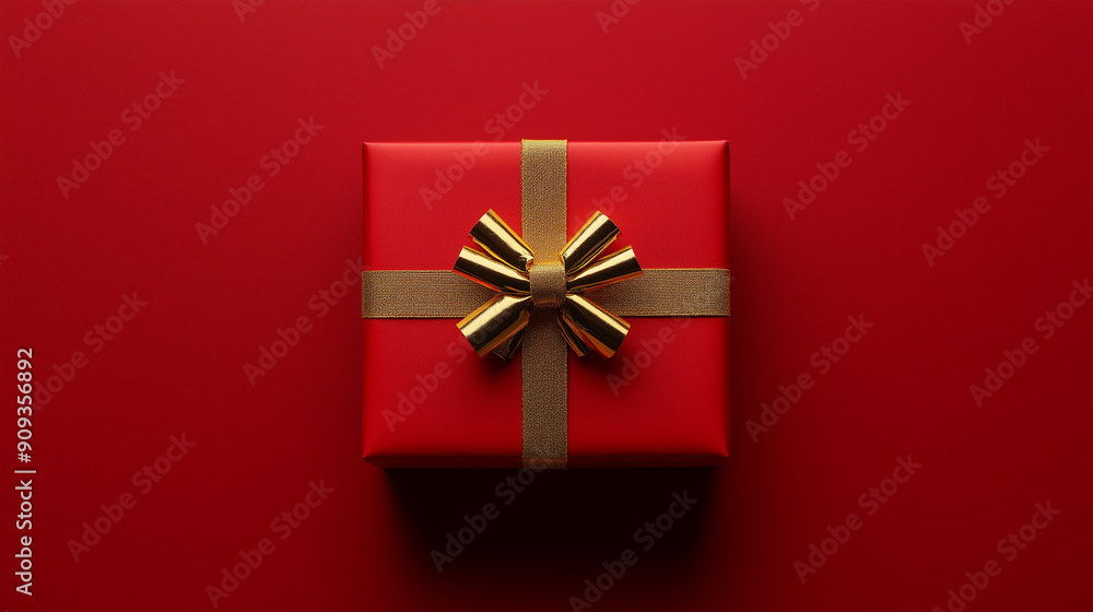Red Gift Box with Golden Ribbon and Bow on Red Background for Christmas or Holiday-Themed Advertising and Gift-Giving Concepts Red Gift Box with Golden Ribbon and Bow on Red Background for Christmas or Holiday-Themed Advertising and Gift-Giving Concepts