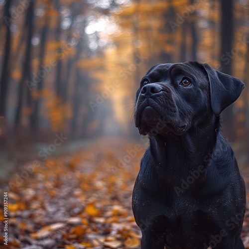 Cane Corso sniffing around a forest trail during an autumn walk, leaves crunching under its paws photo