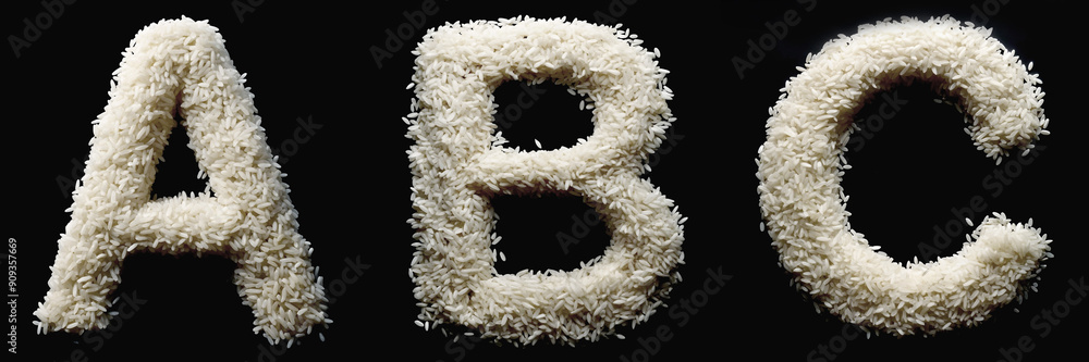 Letters A, B, C. Alphabet Made of White Rice on a Black Background Letters A, B, C. Alphabet Made of White Rice on a Black Background