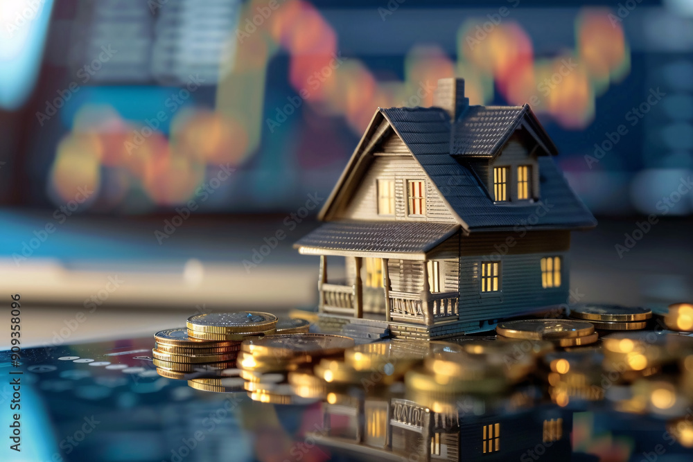 A miniature house model with stacks of coins and a stock market chart in the background, symbolizing real estate investment and financial markets A miniature house model with stacks of coins and a stock market chart in the background, symbolizing real estate investment and financial markets