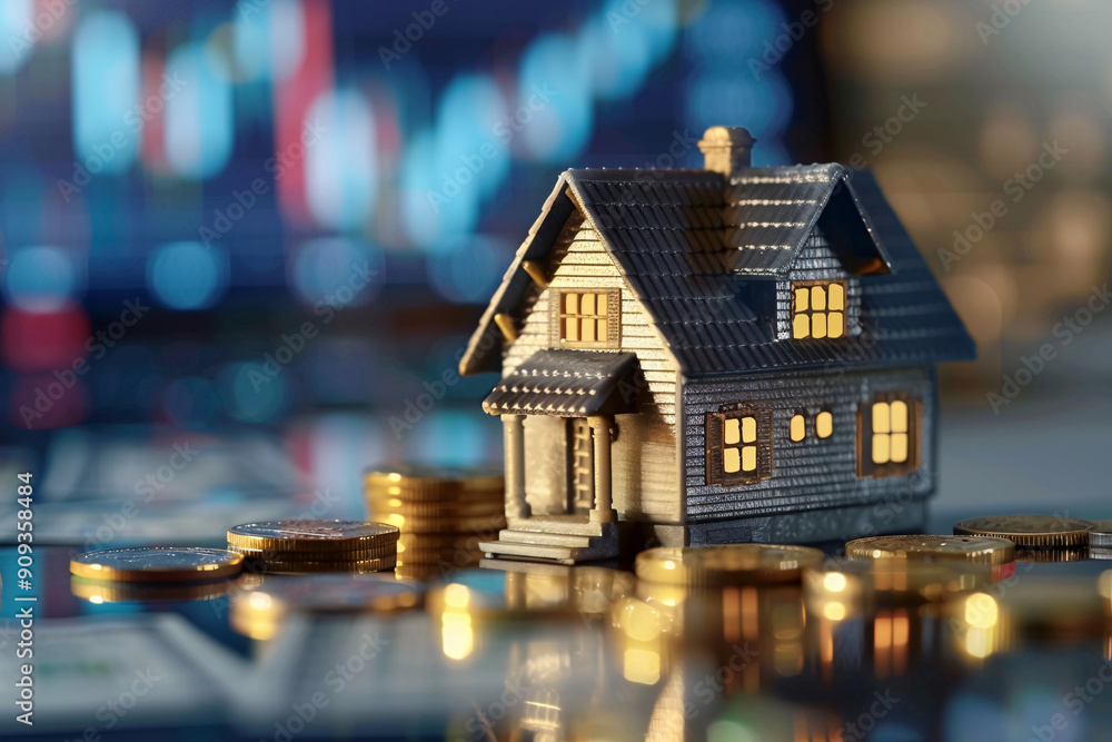 A miniature house sits on a financial graph with stacked coins, symbolizing real estate investment, home finance, and market trends A miniature house sits on a financial graph with stacked coins, symbolizing real estate investment, home finance, and market trends