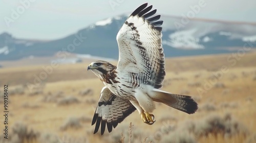 an elegant rough-legged hawk portrait hovering over a grassy plain photo