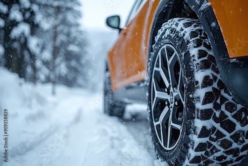 Close-Up of Orange Car with Winter Tires on Snowy Road, Detail Shot