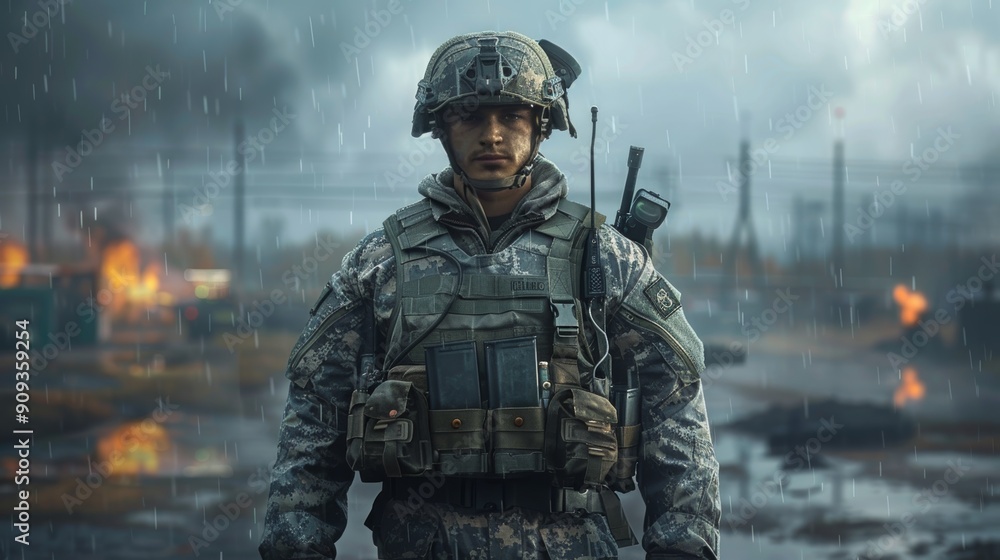Soldier Standing Resolutely Amidst Smoke and Flames During Rainy Warfare Scenario in a Battlezone Soldier Standing Resolutely Amidst Smoke and Flames During Rainy Warfare Scenario in a Battlezone