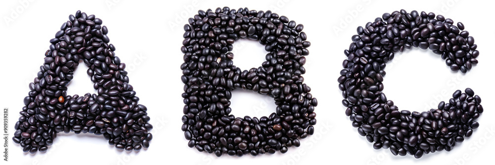 Letters A, B, C. Alphabet Created with Black Beans on a White Background Letters A, B, C. Alphabet Created with Black Beans on a White Background