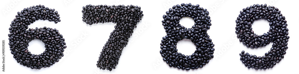 Obraz premium Numbers 6, 7, 8, 9. Alphabet Created with Black Beans on a White Background