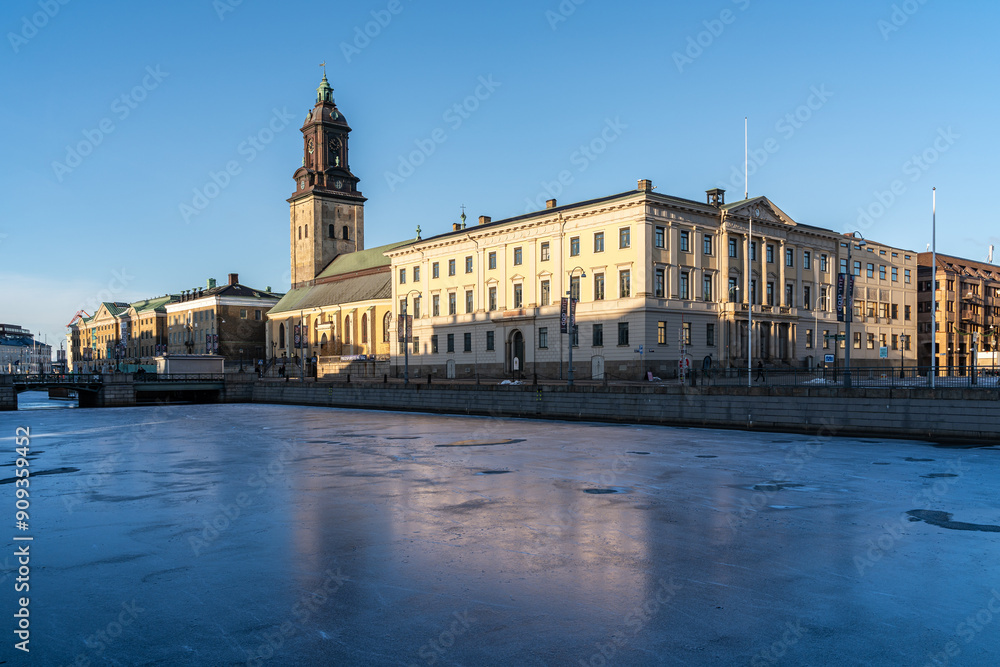 Gothenburg cityscape with church and frozen canal during winter, Sweden Gothenburg cityscape with church and frozen canal during winter, Sweden