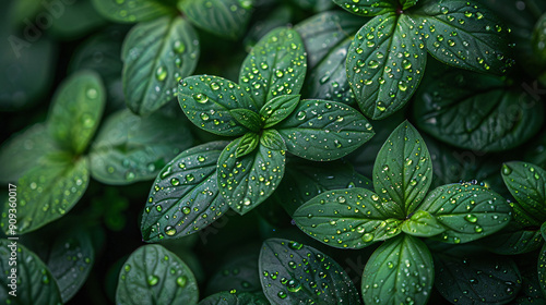 Green leaves with water drops. Nature background. Close-up.