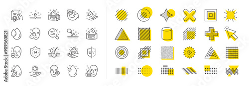 Cream, Serum drop and Face gel or lotion icons. Design shape elements. Skin care cosmetic line icons. Uv protection. Oil, Vitamin E and Collagen symbols. 24 hour face care cream protection. Vector