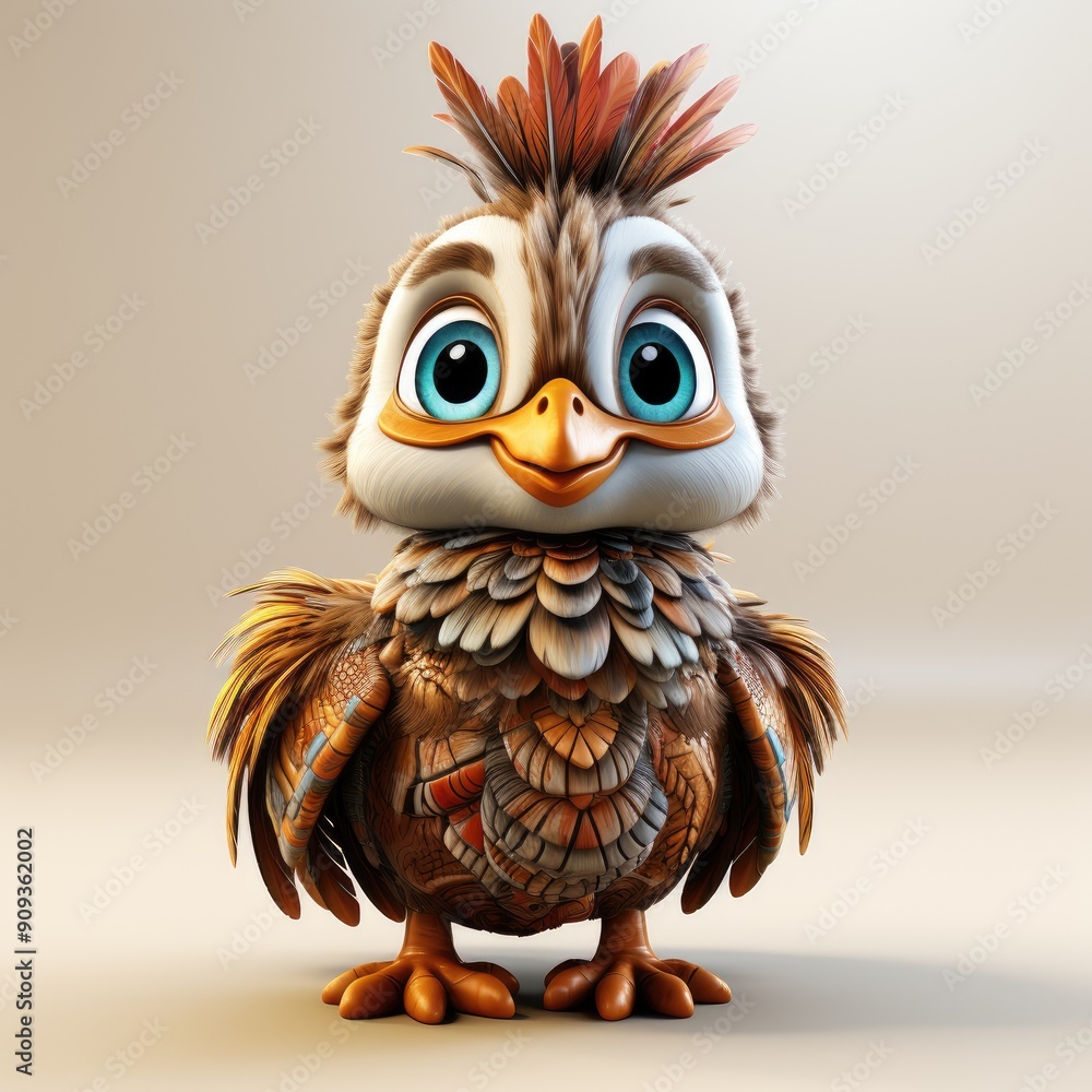 Fototapeta premium Cartoon character turkey 3d illustration, Thanksgiving Day. Bird 3D turkey character for Thanksgiving holiday. Funny turkey print for clothing, stationery, books, posters, art.