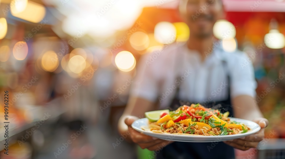 Savory Delights: Man Indulging in Street Food Feast at Lively Outdoor Market with Copy Space Savory Delights: Man Indulging in Street Food Feast at Lively Outdoor Market with Copy Space