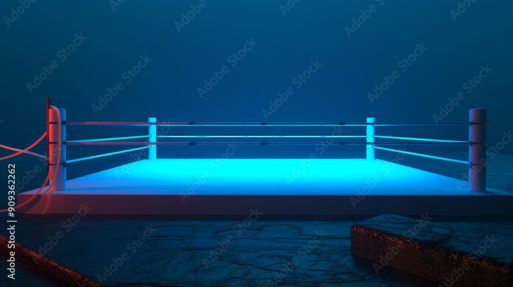 Φωτογραφία boxing ring stands ready, bathed in blue light, with ropes taut and a smoky haze hanging in the air