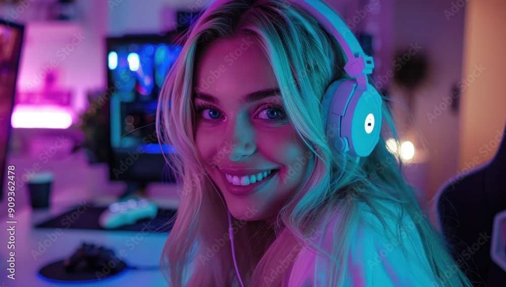 Smiling Gamer Girl with Headphones Smiling Gamer Girl with Headphones