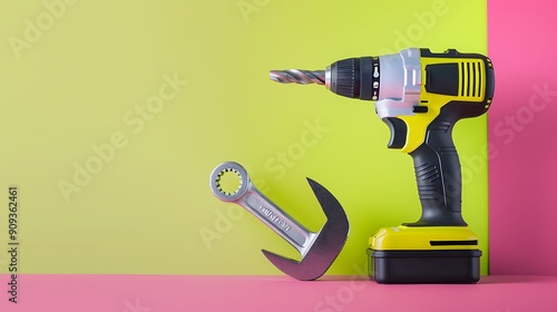 Wrench and electric drill tool on pink and lime background photo