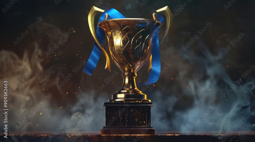 Golden Trophy with Blue Ribbon and Smoke Background Golden Trophy with Blue Ribbon and Smoke Background