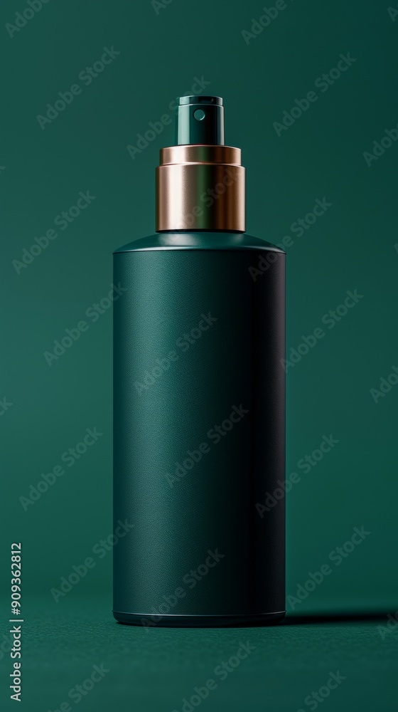 A green bottle with a gold top sits on a green background A green bottle with a gold top sits on a green background