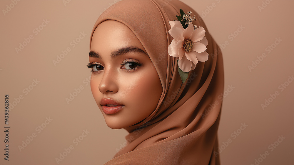 Elegant Woman Wearing Hijab with Floral Embellishment Against Neutral Background for Fashion or Cultural-Themed Advertising and Editorials Elegant Woman Wearing Hijab with Floral Embellishment Against Neutral Background for Fashion or Cultural-Themed Advertising and Editorials