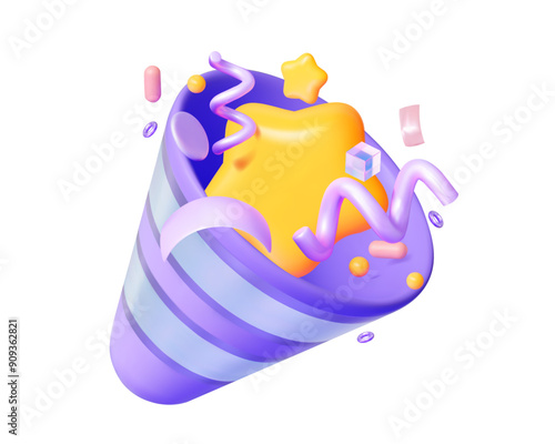 3D party popper emoji. A greeting icon for birthdays, Christmas and other events. Vector 3d illustration.