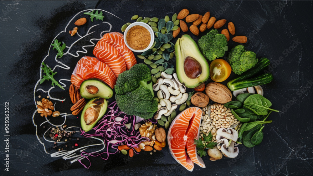 Chalk hand drawn brain picture with assorted food, food for brain health and good memory: fresh salmon, vegetables, nuts, berries, Foods to boost brain power Chalk hand drawn brain picture with assorted food, food for brain health and good memory: fresh salmon, vegetables, nuts, berries, Foods to boost brain power