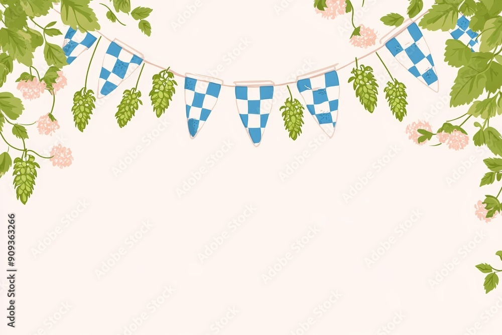 Oktoberfest garland with hops and blue and white checkered flags, designed on a clean background with copy space, minimal flat illustration Oktoberfest garland with hops and blue and white checkered flags, designed on a clean background with copy space, minimal flat illustration
