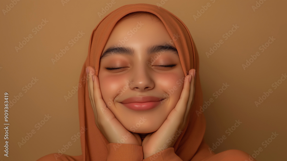 Happy Woman Wearing Hijab with Eyes Closed Against Neutral Background for Lifestyle or Cultural-Themed Advertising and Editorials Happy Woman Wearing Hijab with Eyes Closed Against Neutral Background for Lifestyle or Cultural-Themed Advertising and Editorials