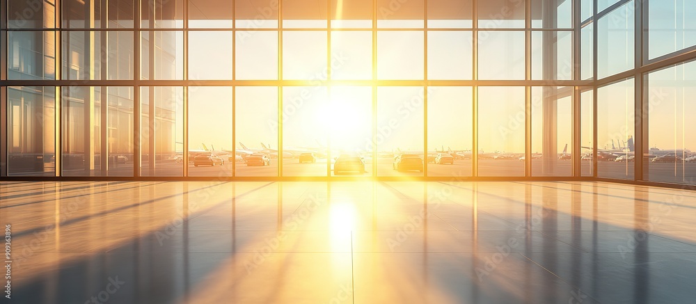 Fototapeta premium Interior View of an Airport Terminal with Sunset and Aircraft Visible Through Windows