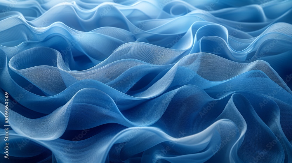 Soft, translucent blue fabric drapes and folds, creating a mesmerizing interplay of light and shadow. Soft, translucent blue fabric drapes and folds, creating a mesmerizing interplay of light and shadow.