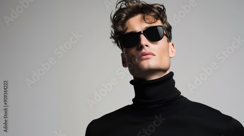 Stylish Male Model in Black Turtleneck and Sunglasses Posing in Minimalist White Studio, Modern Chic Fashion Shoot